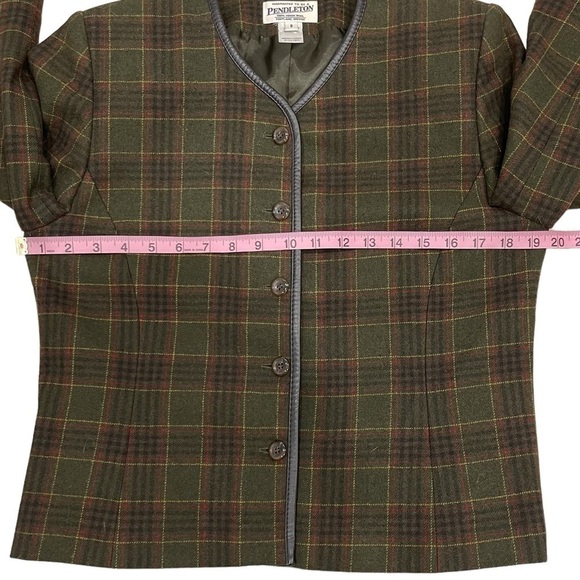 Vintage Pendleton Wool Plaid Leather Trim Jacket Blazer Size 8 Olive/Brown - Picture 9 of 12